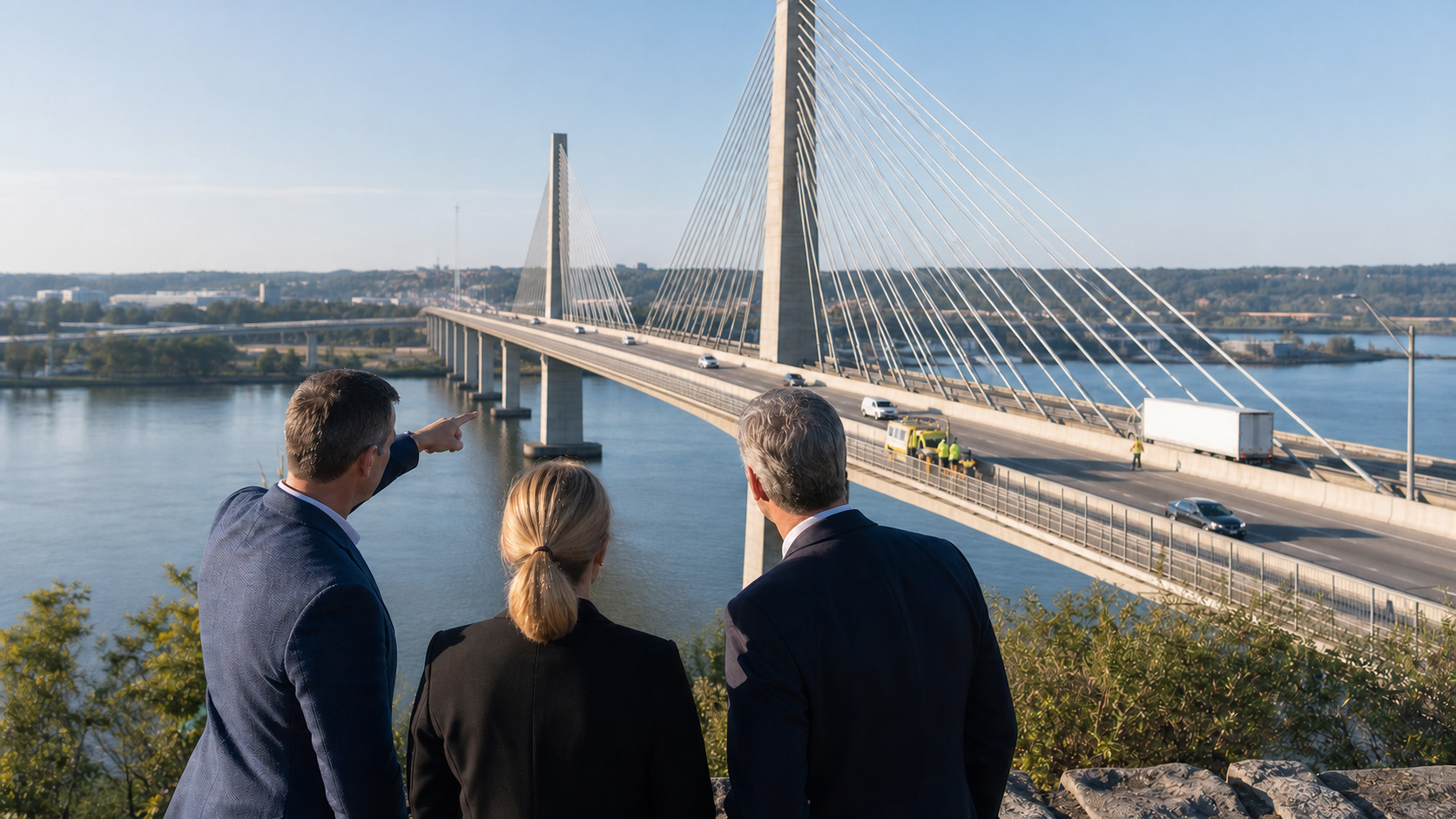 Three people looking out at a cable-stayed road bridge