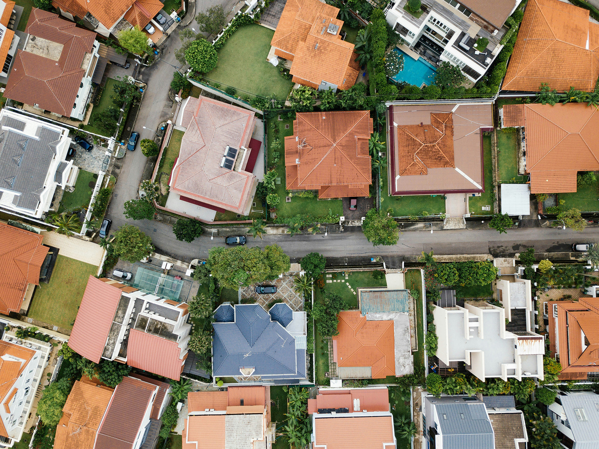 Detached houses and gardens seen from directly above