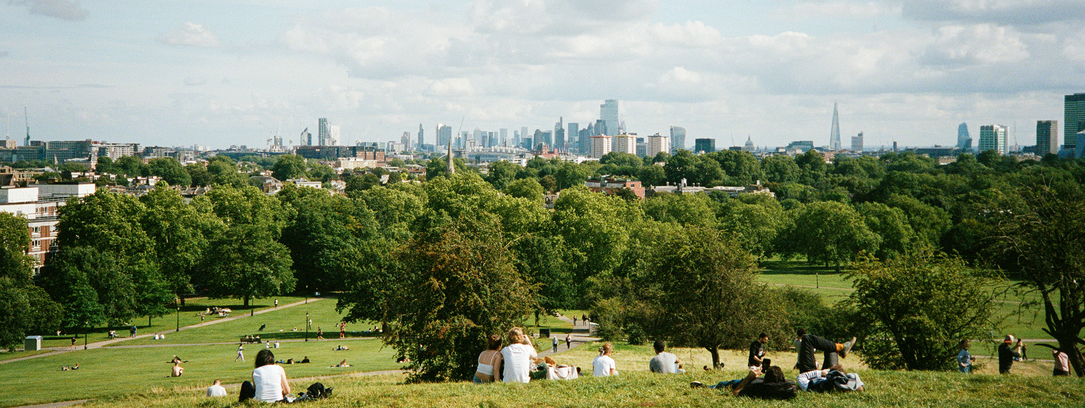 The City of London skyline seen across a park