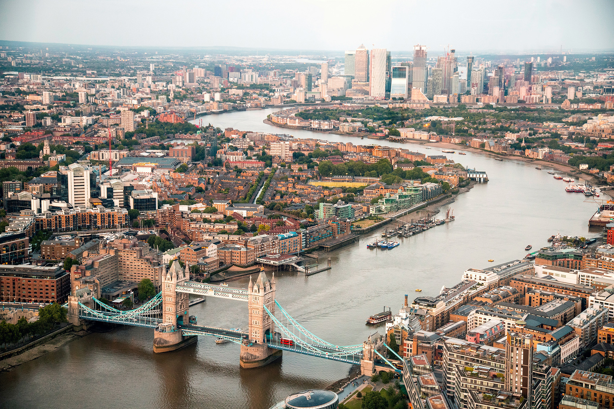 The Thames at Tower Bridge looking east towards Canary Wharf